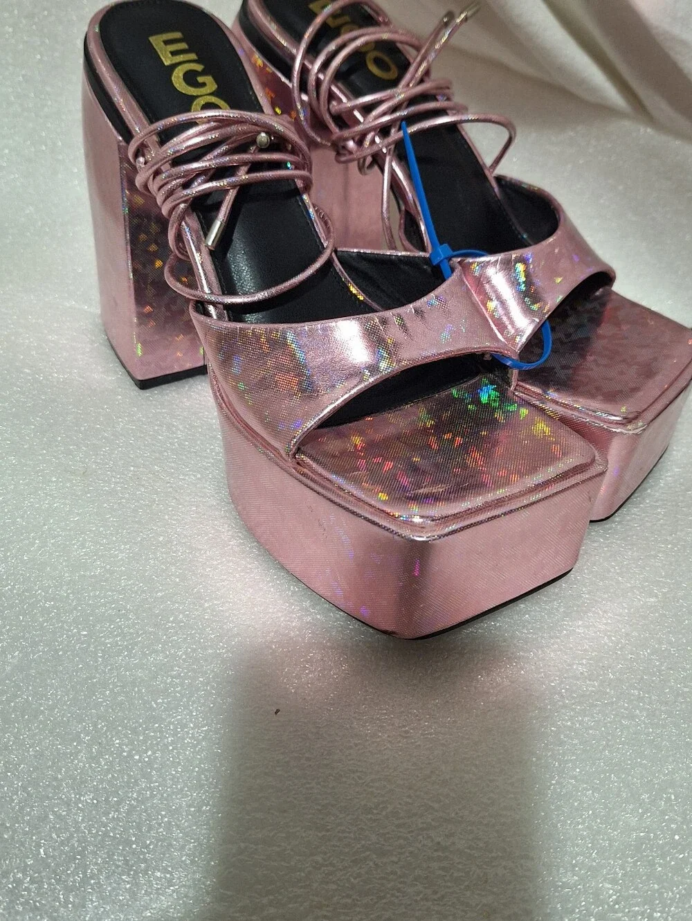 Pink Holographic Platform Block Heel Sandals